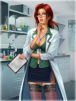 Анимирано секси момиче учен, експериментиращо с феромони и феромонни миризми и парфюми за привличане в лабораторията си.